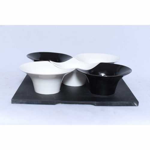 NERO CERAMIC-Chips & Dips , 5 black & white bowl set with tray