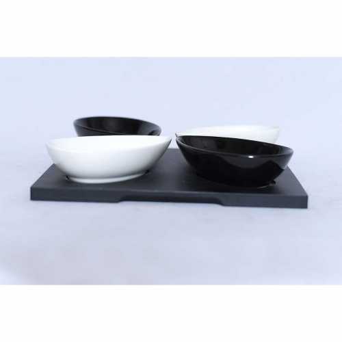 NERO CERAMIC-Petal server Black & white bowl, set of 4 with tray