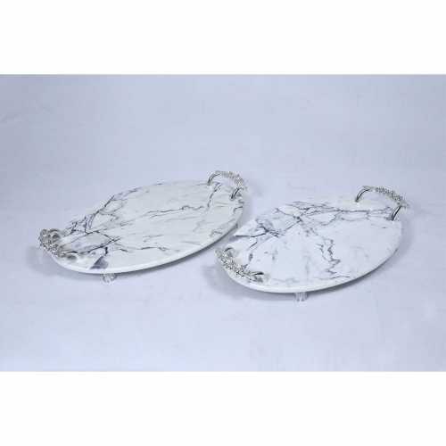 KAYA WOOD-  OVAL MARBLE TRAY WITH SILVER HANDLE - SET OF 2